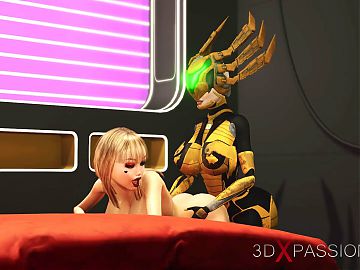 3d dickgirl android plays with a spicy young blonde in the sci-fi bedroom